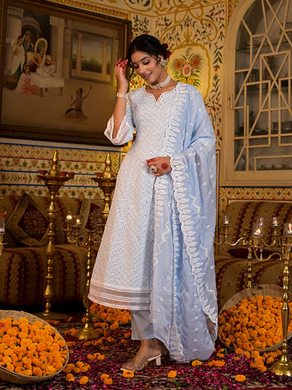 Sky Blue Pure Cotton Sequins Work Anarkali Kurta Trouser With Dupatta Set-Yufta Store-1551SKDSBS