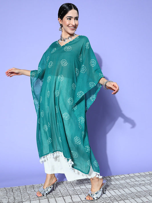 Teal Bandhani Kaftan Kurta-Yufta Store-1216KFTTGS