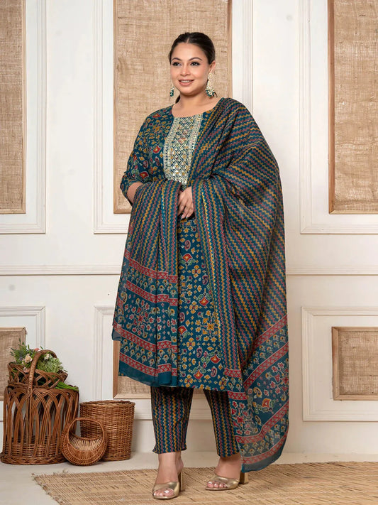 Teal Blue Cotton Printed Embroidered Plus Size Kurta Dupatta Set-Yufta Store-1455PSKDTB3XL