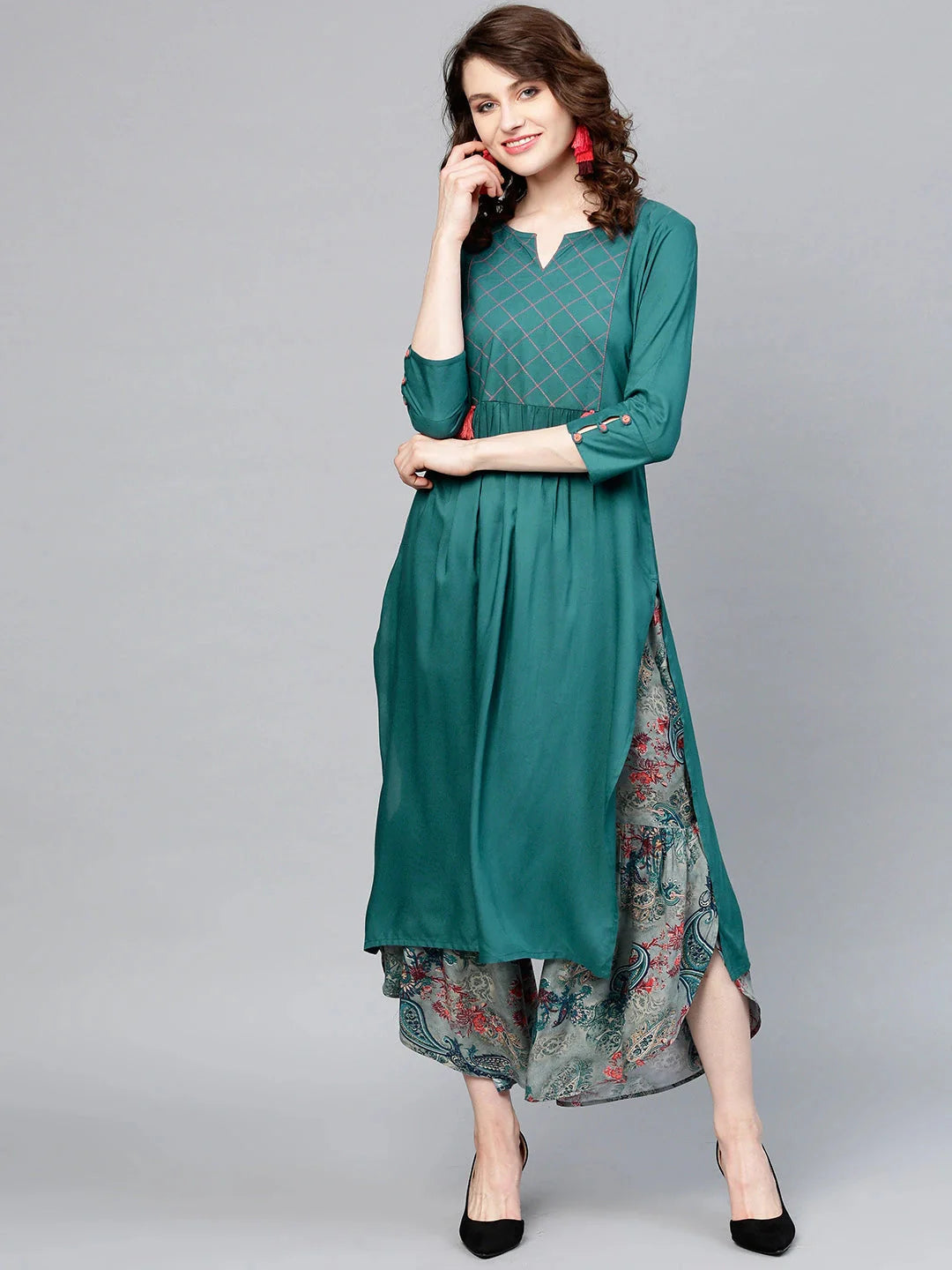 Teal Blue & Grey Solid Kurta Set-Yufta Store-YUFPJSET982S