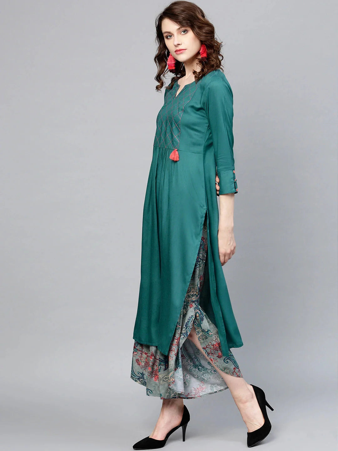 Teal Blue & Grey Solid Kurta Set-Yufta Store-YUFPJSET982S