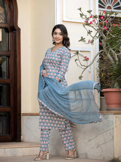 Teal Blue Leaf Print Straight Kurta Trouser And Dupatta Set-Yufta Store-6895SKDTBS