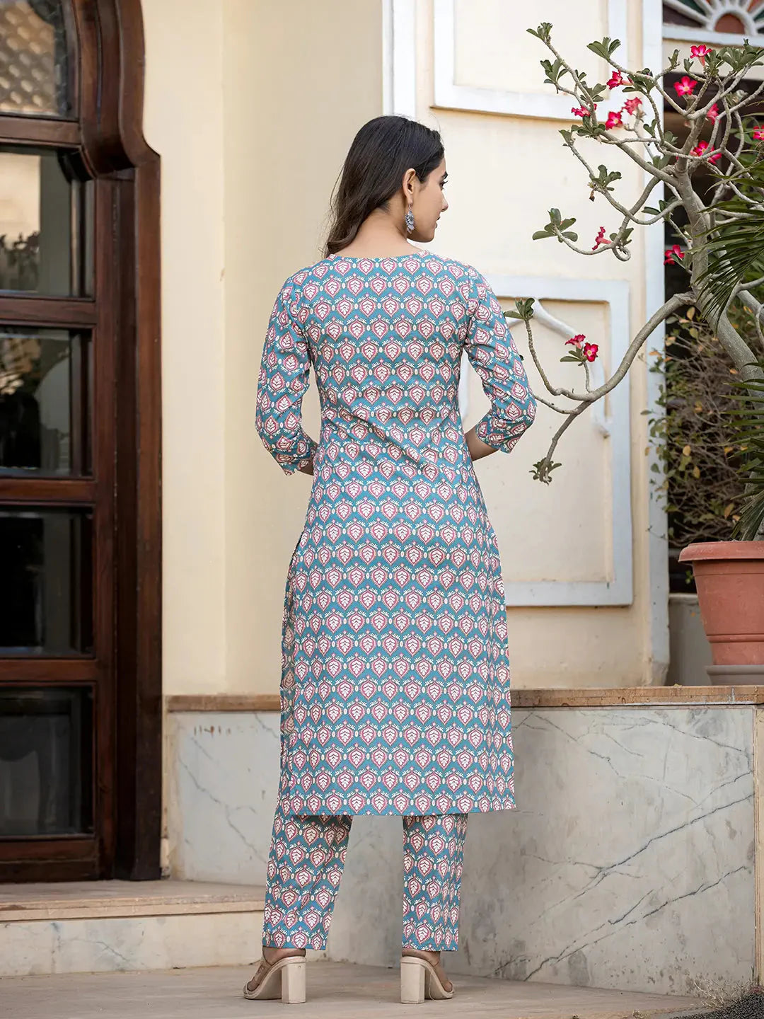 Teal Blue Leaf Print Straight Kurta Trouser And Dupatta Set-Yufta Store-6895SKDTBS