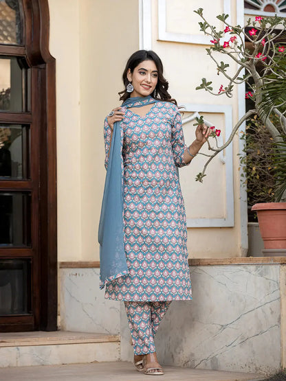 Teal Blue Leaf Print Straight Kurta Trouser And Dupatta Set-Yufta Store-6895SKDTBS