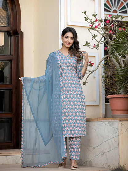 Teal Blue Leaf Print Straight Kurta Trouser And Dupatta Set-Yufta Store-6895SKDTBS