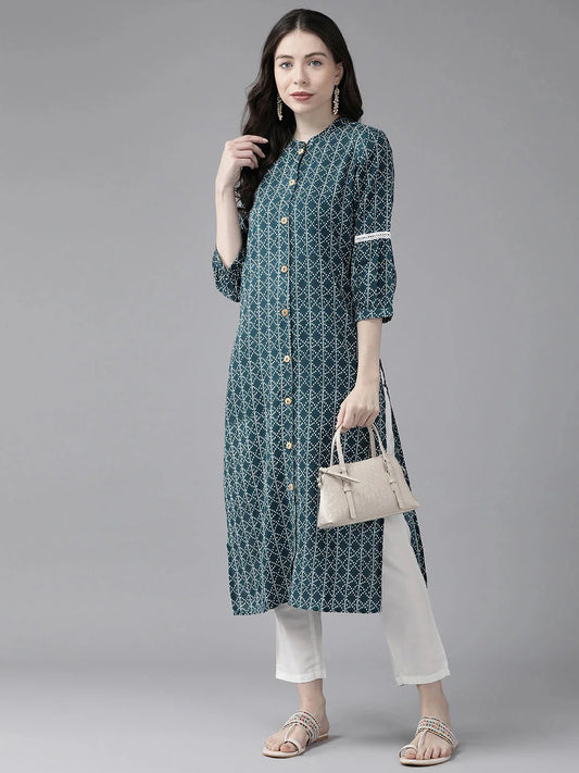 Teal Blue Printed Straight Kurta-Yufta Store-1110KURTBS