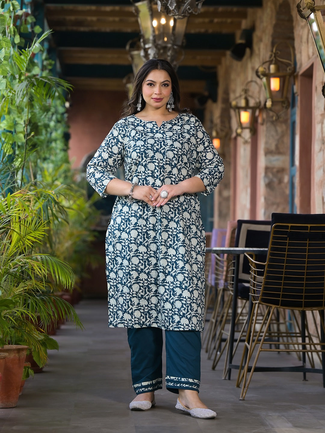 Teal Blue Pure Cotton Straight Plus size Kurta Trouser Set-Yufta Store-1689PSETTB3XL