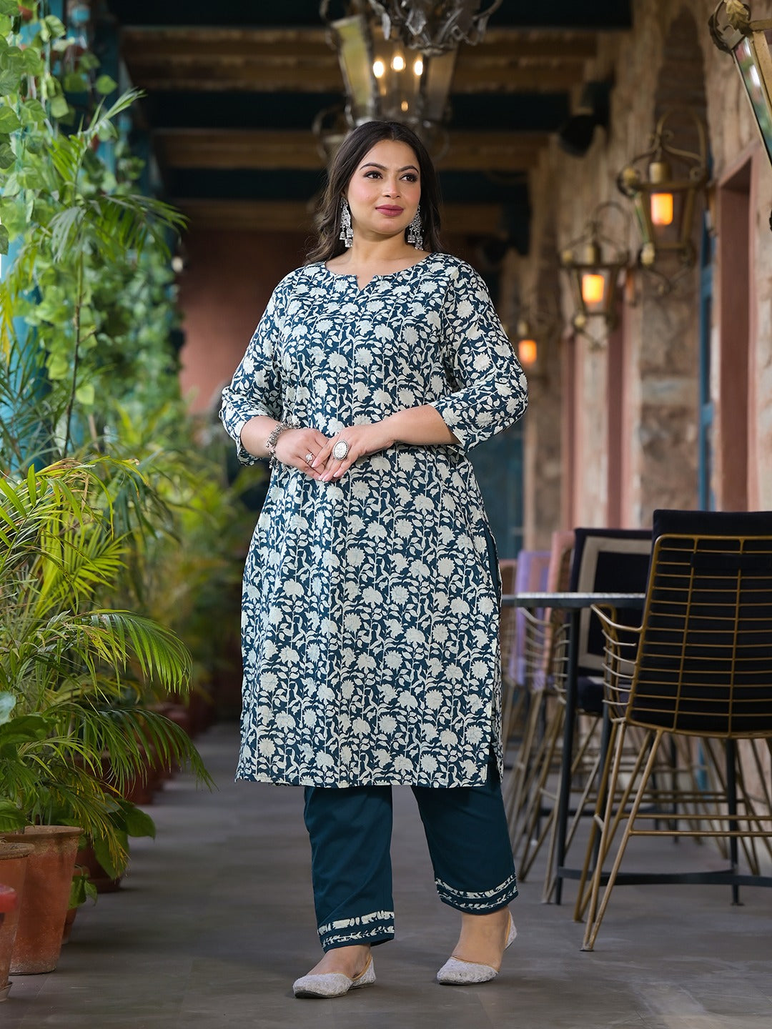 Teal Blue Pure Cotton Straight Plus size Kurta Trouser Set-Yufta Store-1689PSETTB3XL