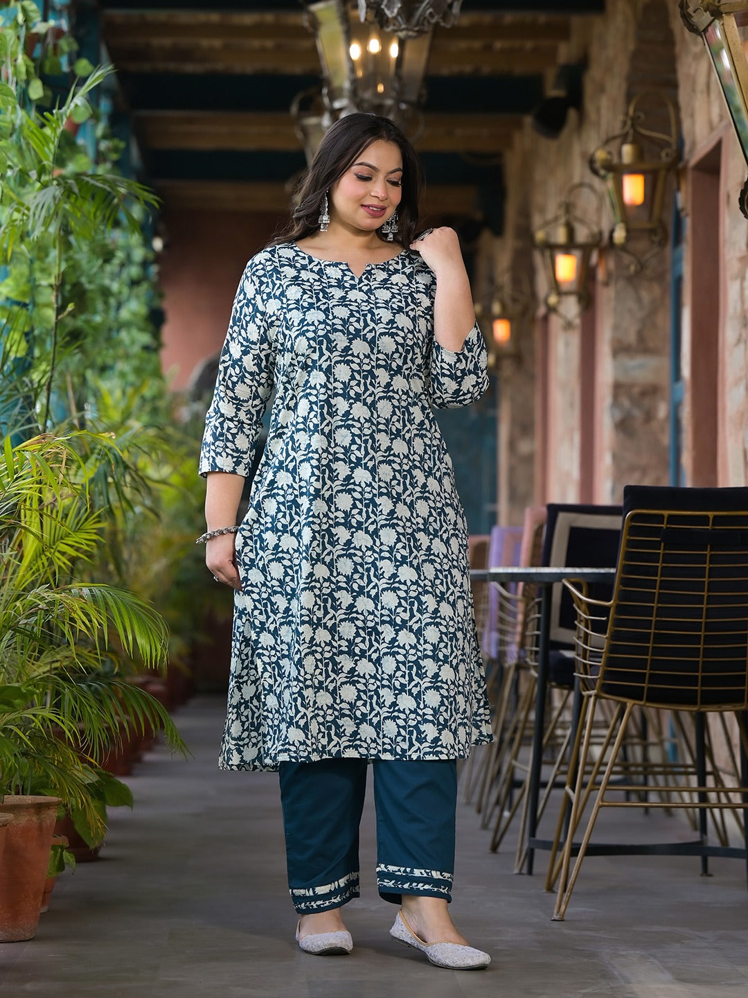 Teal Blue Pure Cotton Straight Plus size Kurta Trouser Set-Yufta Store-1689PSETTB3XL