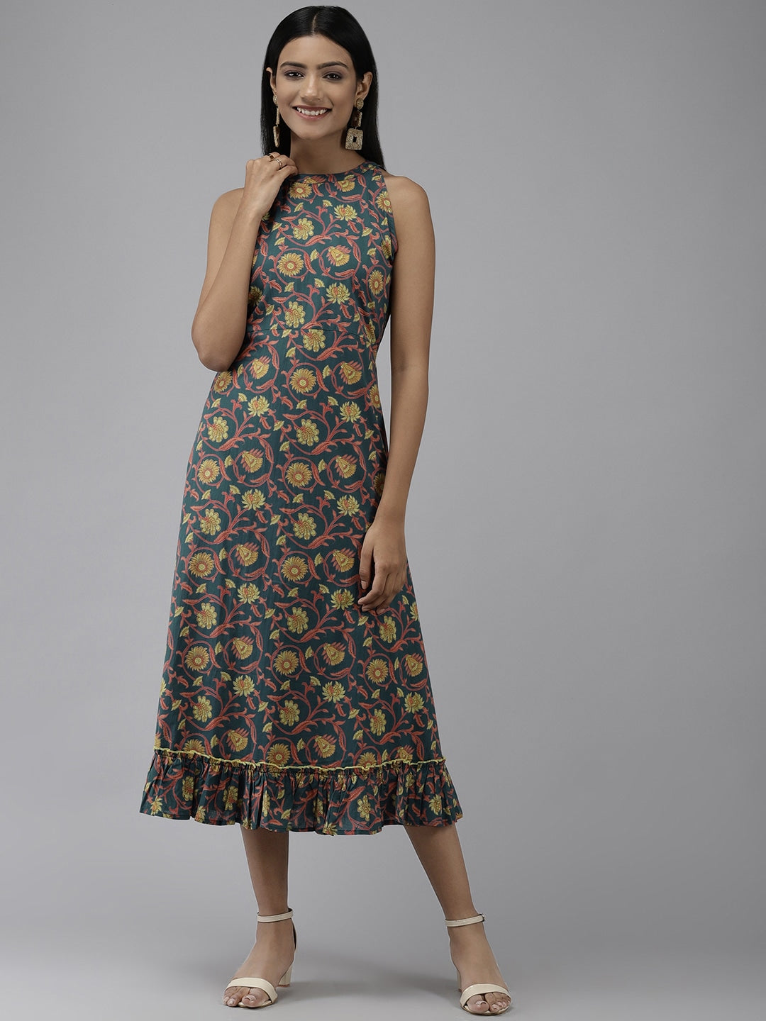 Teal Floral Dress-Yufta Store-9445DRSBLS