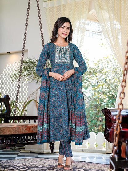 Teal Floral Embroidered Regular Thread Work Pure Cotton Kurta with Trousers & With Dupatta-Yufta Store-1622SKDTBS