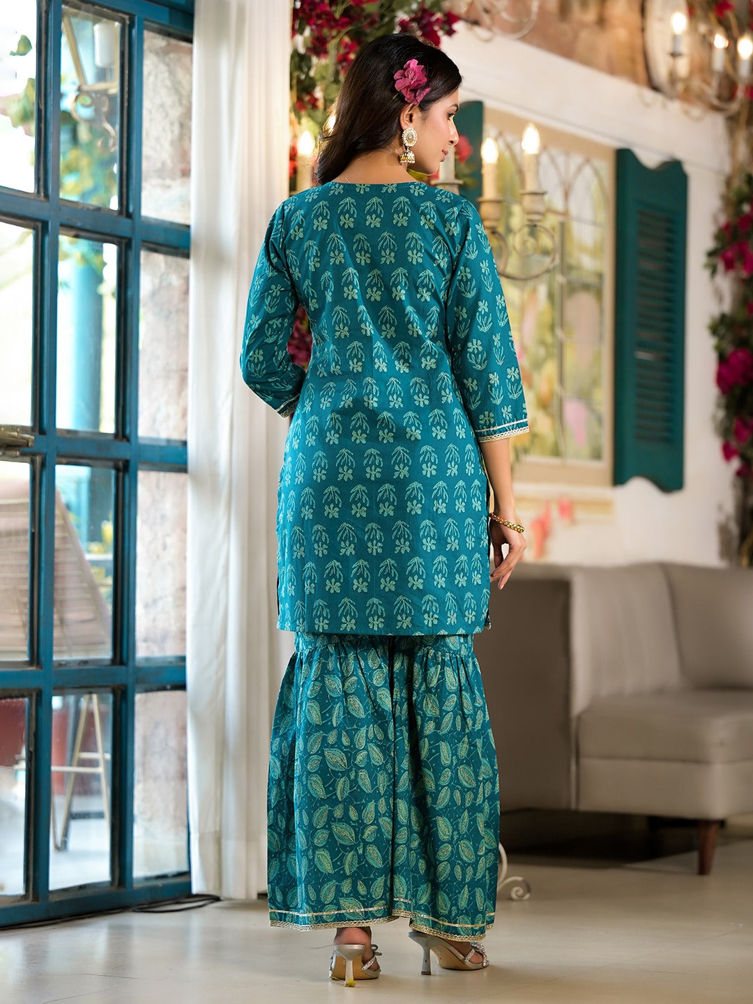 Teal Floral,Sequins_Work Kurta Sharara with Dupatta Set-Yufta Store-1788SKDTGS