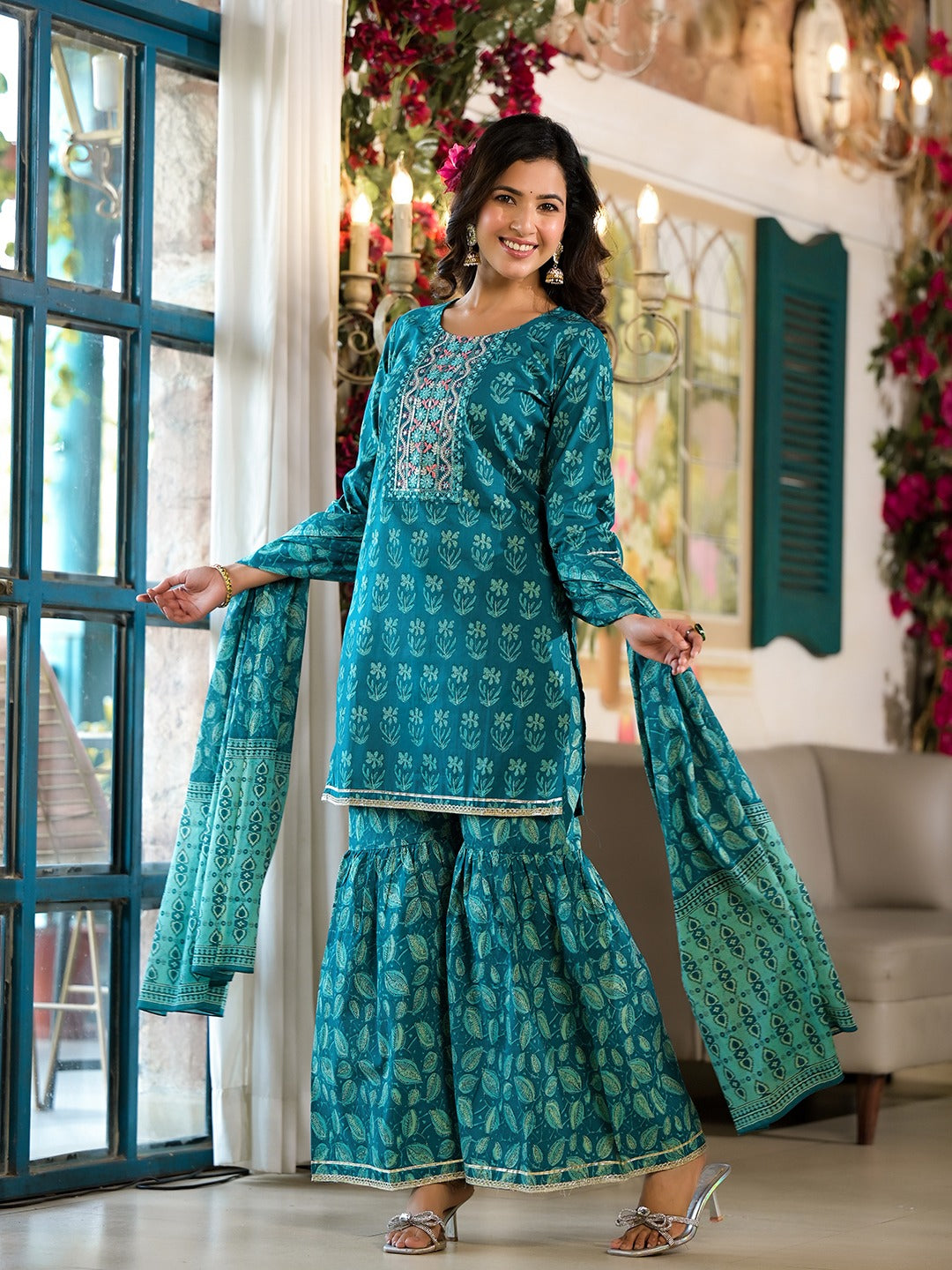 Teal Floral,Sequins_Work Kurta Sharara with Dupatta Set-Yufta Store-1788SKDTGS