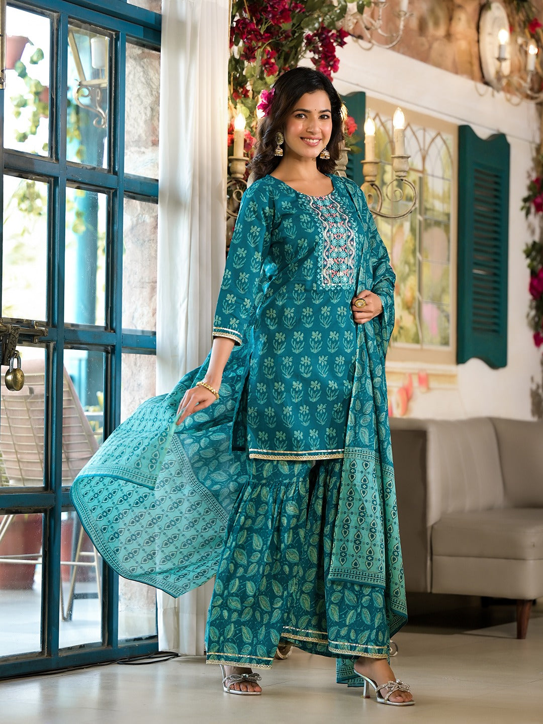 Teal Floral,Sequins_Work Kurta Sharara with Dupatta Set-Yufta Store-1788SKDTGS