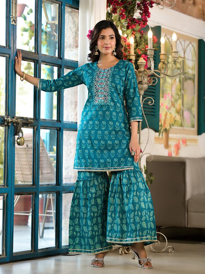 Teal Floral,Sequins_Work Kurta Sharara with Dupatta Set-Yufta Store-1788SKDTGS