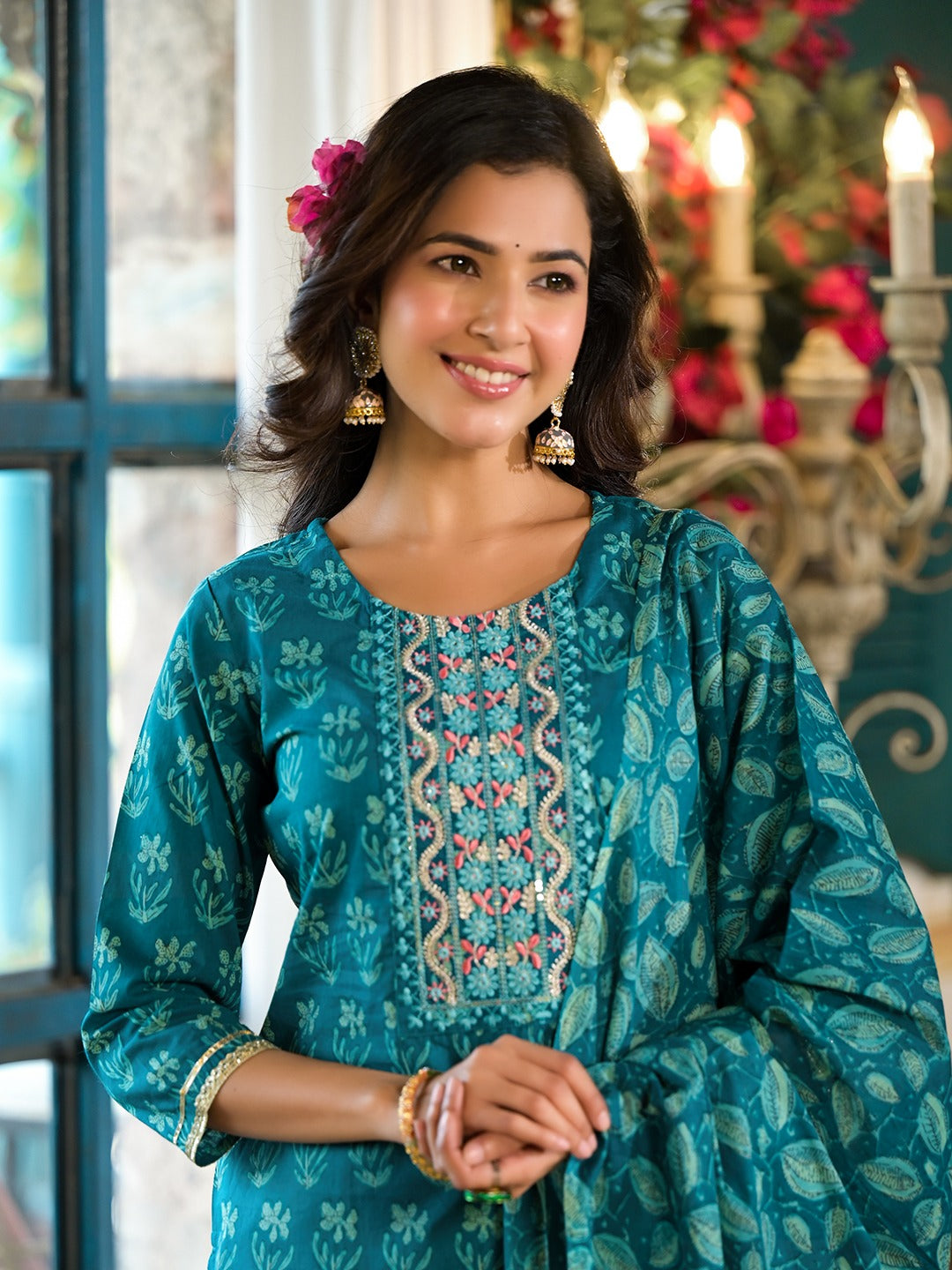 Teal Floral,Sequins_Work Kurta Sharara with Dupatta Set-Yufta Store-1788SKDTGS