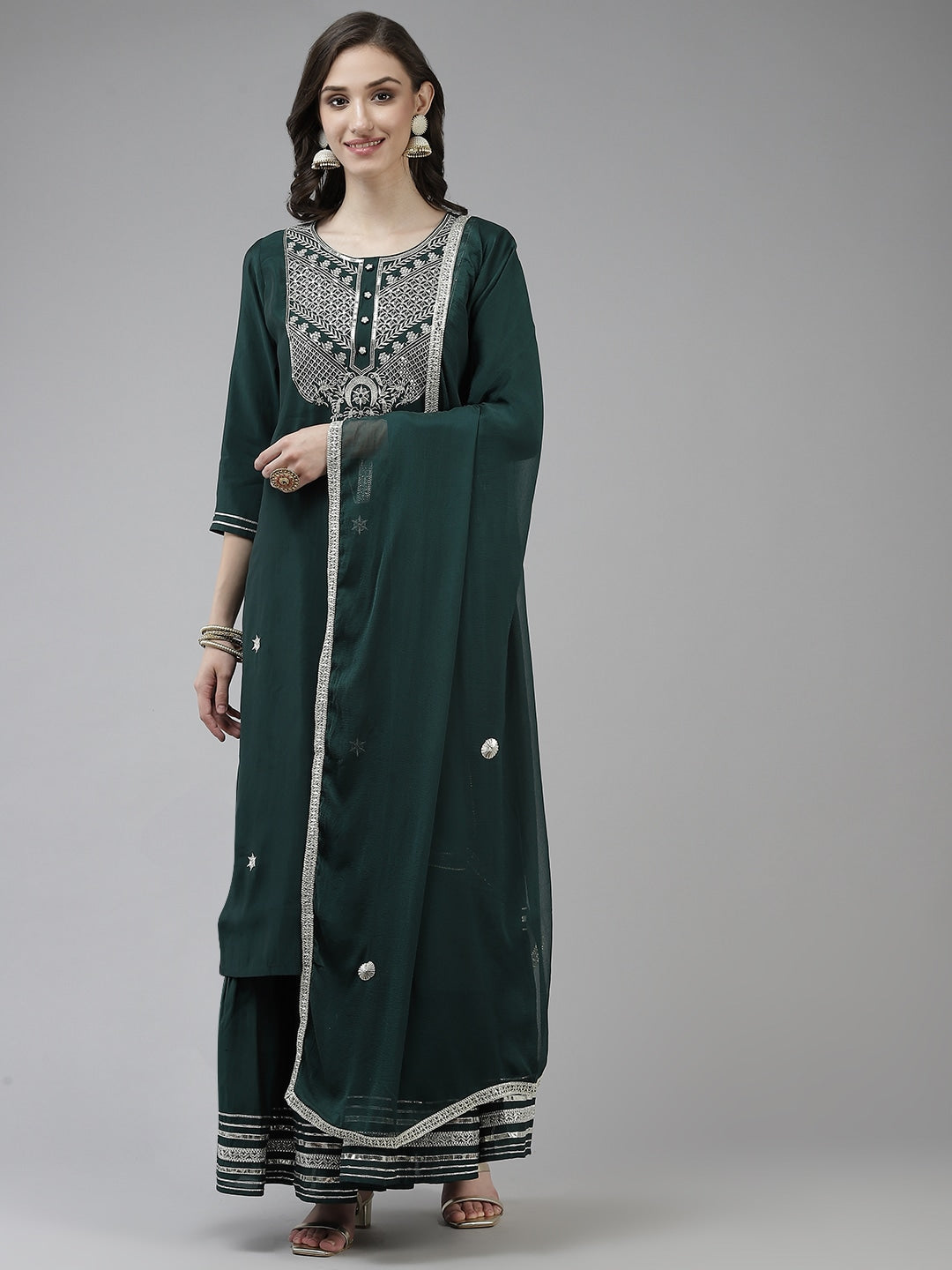 Teal Green Ethnic Motifs Dupatta Set-Yufta Store-2508SKDTGM