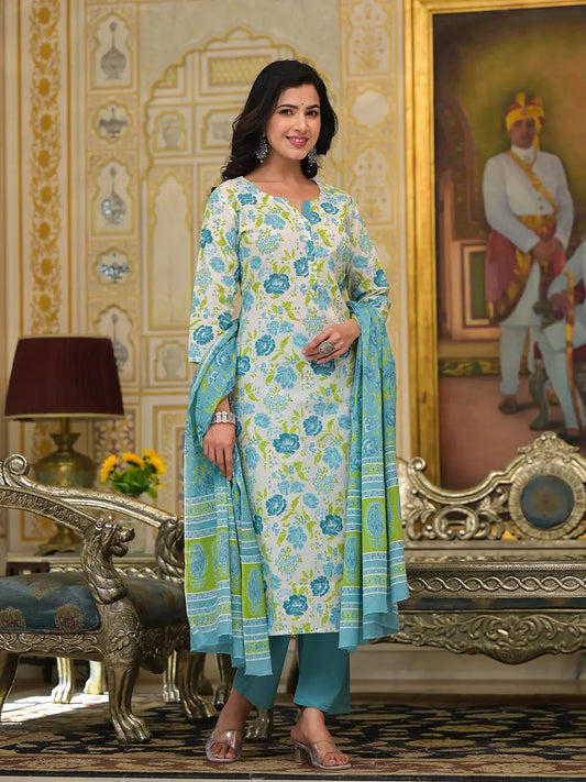 Teal Green Floral Print Straight Button Show On Yoke Kurta Trouser And Dupatta Set-Yufta Store-6851SKDTGS