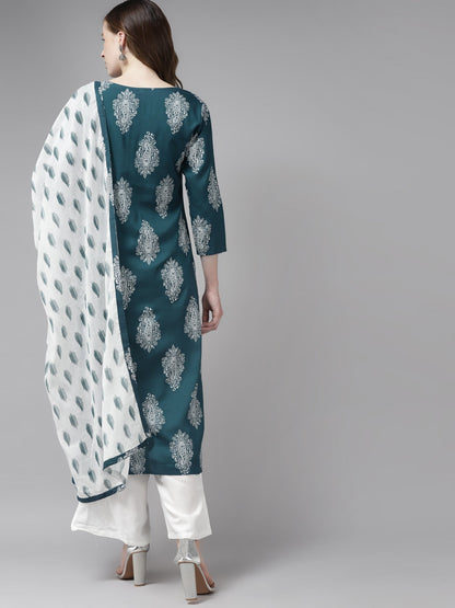 Teal Green & Offwhite Printed Dupatta Set-Yufta Store-7298SETTGS