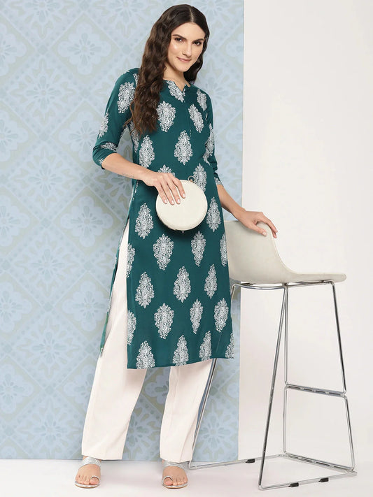 Teal Green Paisley Printed Kurta-Yufta Store-1482KURTGS