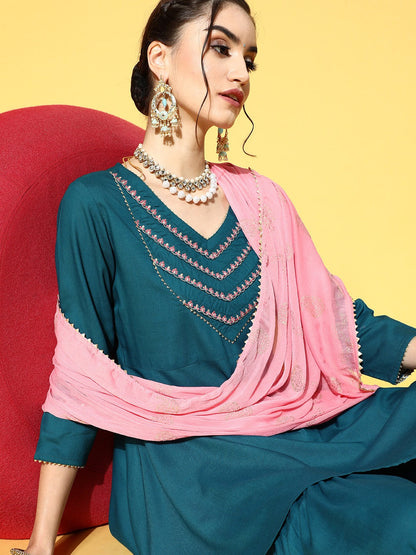 Teal Yoke Design Sharara Set-Yufta Store-9478SKDBLS