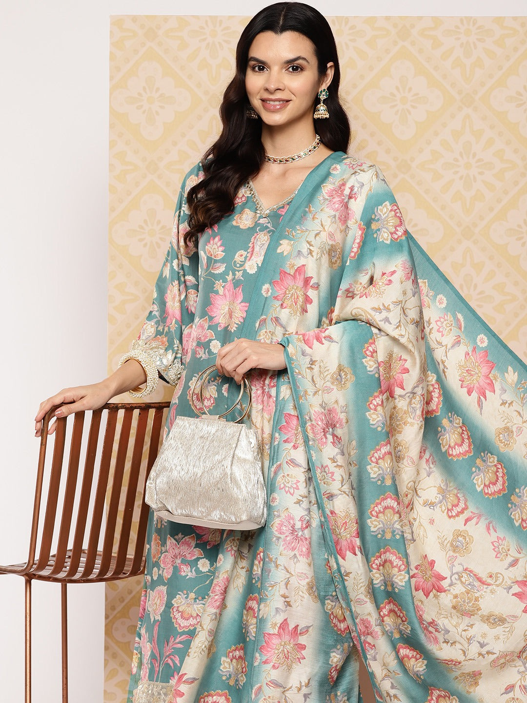 Teal printed Kurta with Harem Pants with dupatta-Yufta Store-1607SKDTGS