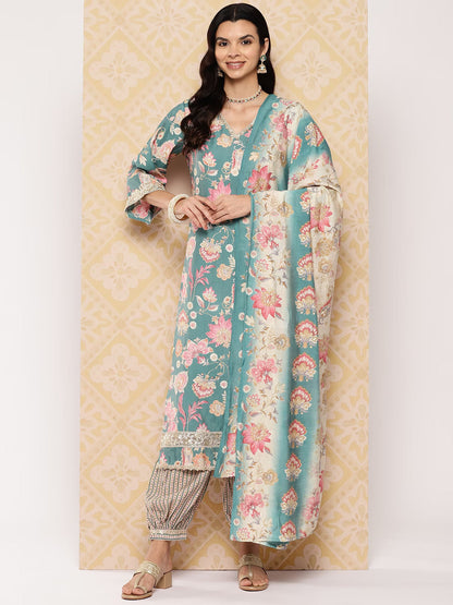 Teal printed Kurta with Harem Pants with dupatta-Yufta Store-1607SKDTGS