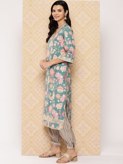 Teal printed Kurta with Harem Pants with dupatta-Yufta Store-1607SKDTGS