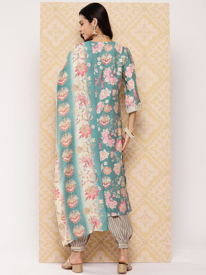 Teal printed Kurta with Harem Pants with dupatta-Yufta Store-1607SKDTGS