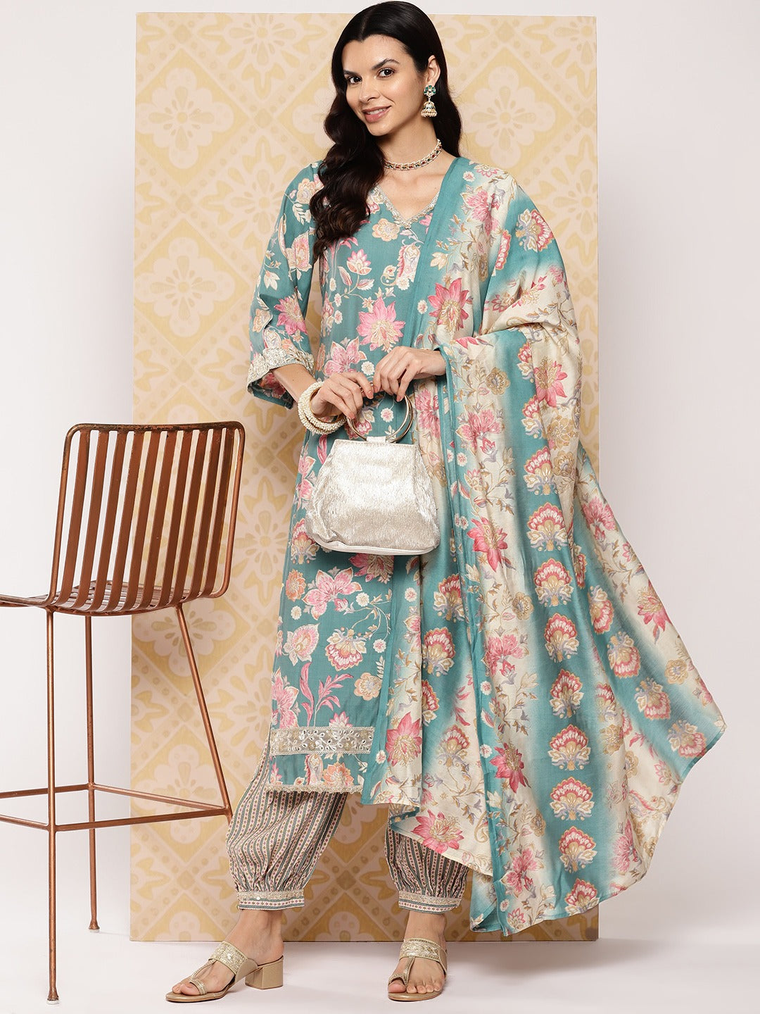 Teal printed Kurta with Harem Pants with dupatta-Yufta Store-1607SKDTGS