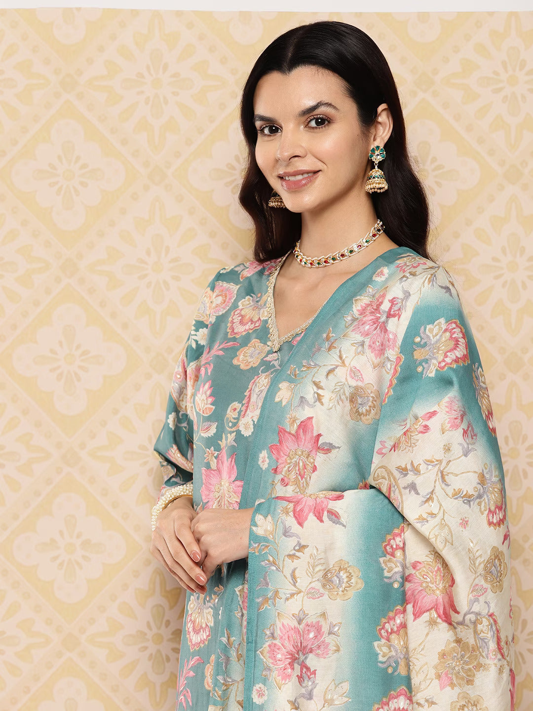 Teal printed Kurta with Harem Pants with dupatta-Yufta Store-1607SKDTGS