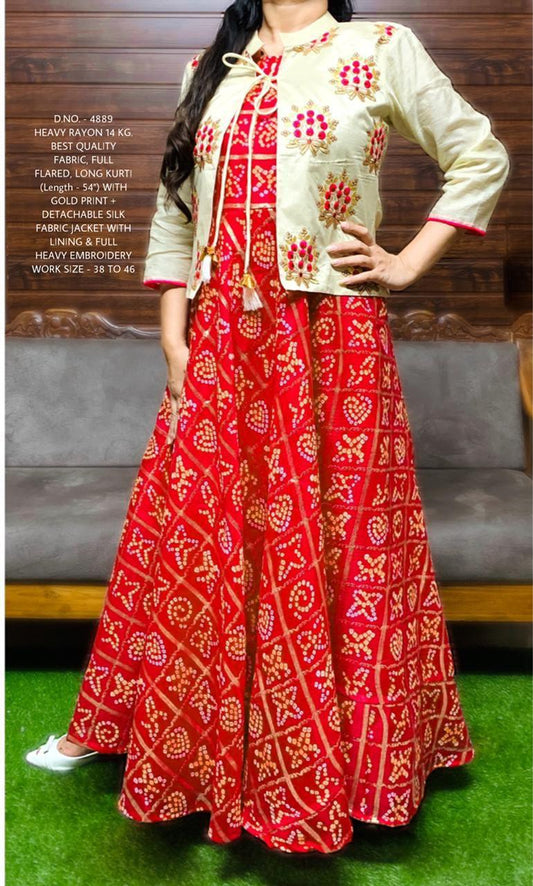 Trendy Bandhej Gold Printed Gown Orchids Boutique