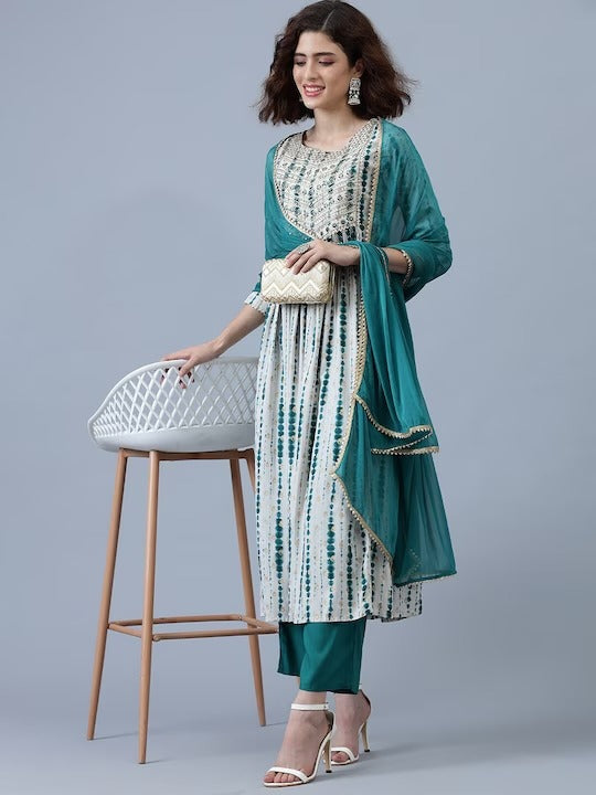 Turquoise Blue Printed Kurti Suit Orchids Boutique