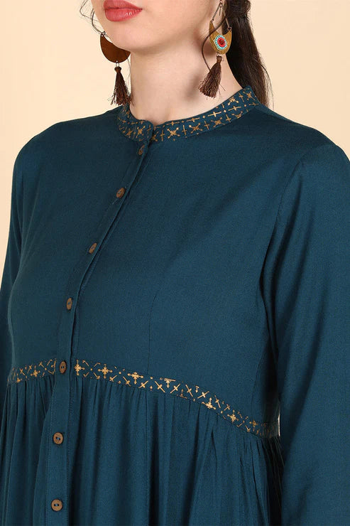 Teal Yoke Design Flared Sleeves Thread Work Anarkali Kurta