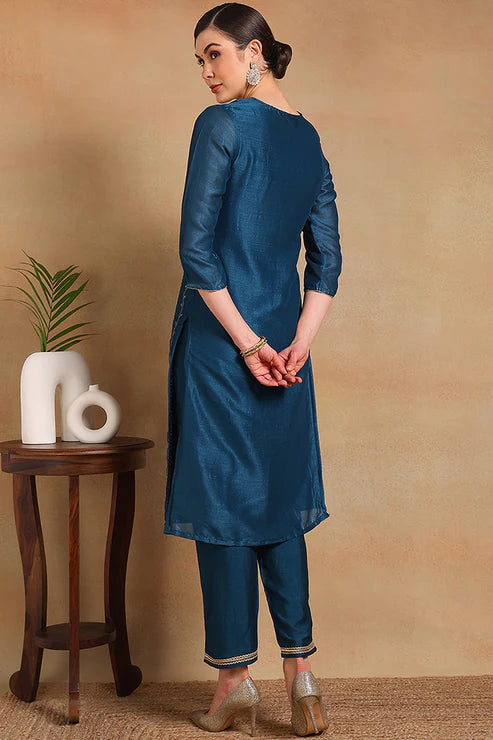 Navy Blue Silk Blend Solid Embroidered Straight Kurta