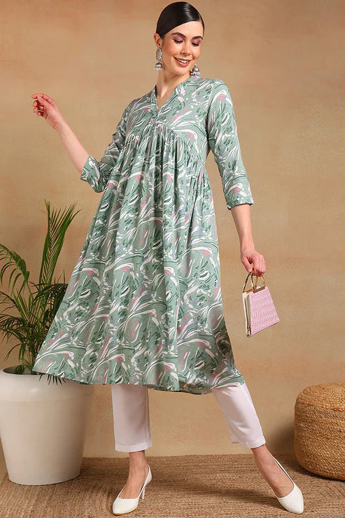 Green Viscose Rayon Floral Printed A-Line Kurta