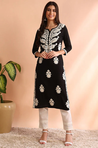 Black Rayon Solid Embroidered Straight Kurta