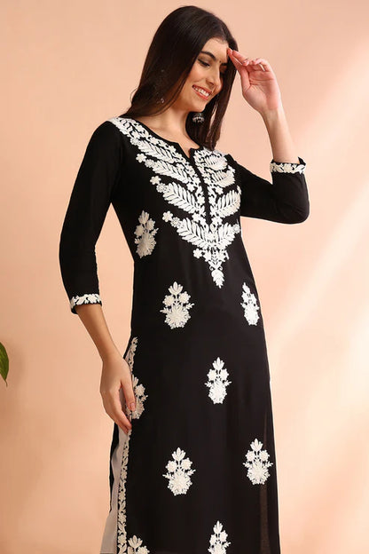 Black Rayon Solid Embroidered Straight Kurta