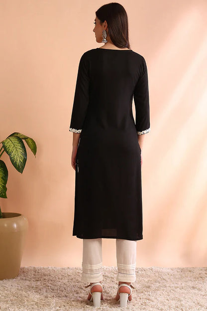 Black Rayon Solid Embroidered Straight Kurta