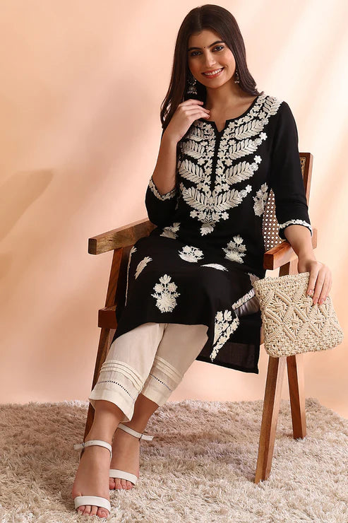 Black Rayon Solid Embroidered Straight Kurta