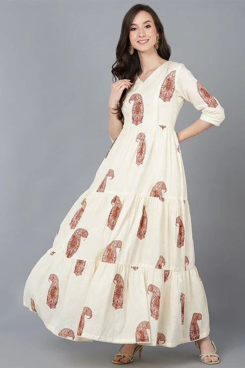 Cream Cotton Solid Ethnic Motifs Maxi Dress