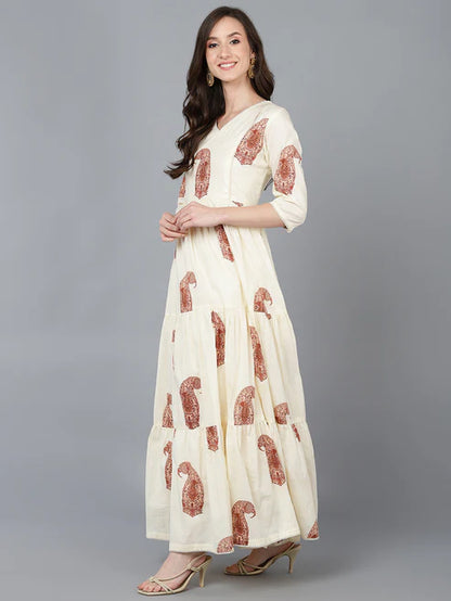 Cream Cotton Solid Ethnic Motifs Maxi Dress