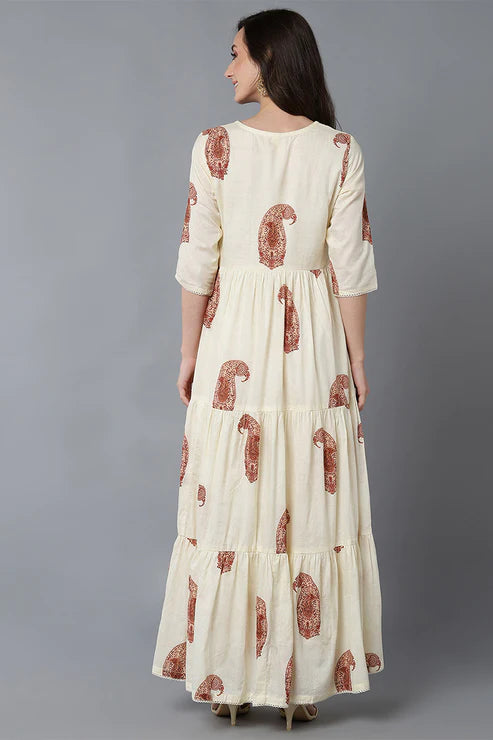 Cream Cotton Solid Ethnic Motifs Maxi Dress