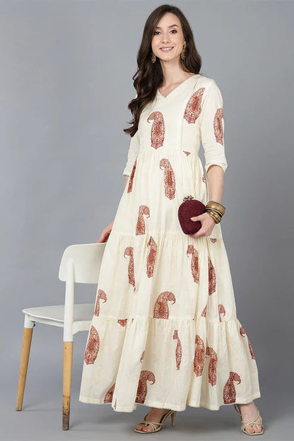 Cream Cotton Solid Ethnic Motifs Maxi Dress