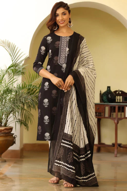 Women Black & White Rayon Blend Printed Kurta with Trousers & Dupatta