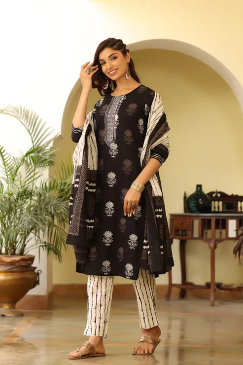 Women Black & White Rayon Blend Printed Kurta with Trousers & Dupatta