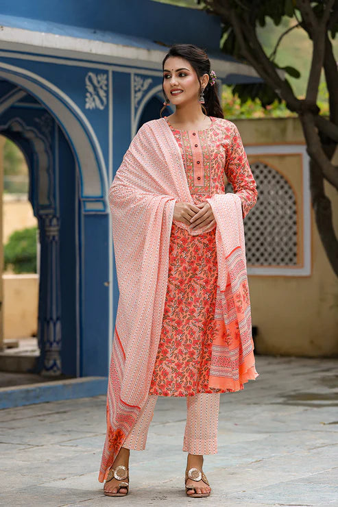 Orange Rayon Blend Ethnic Motifs Print Suit