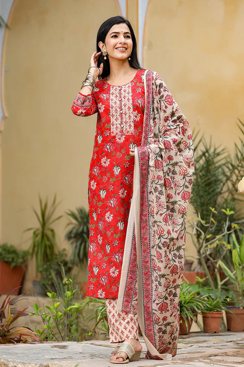 Red Rayon Blend Floral Printed Suit Set