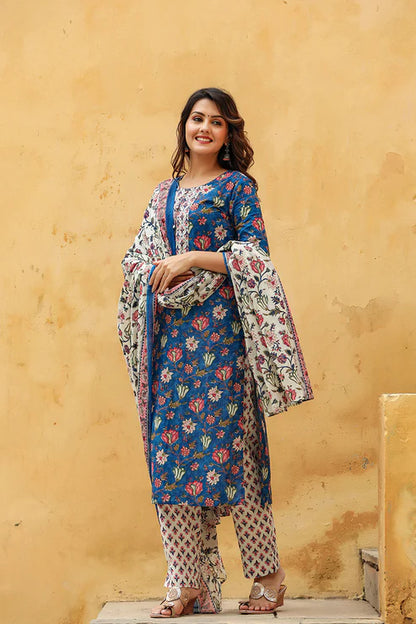 Blue Rayon Blend Floral Printed Straight Suit Set