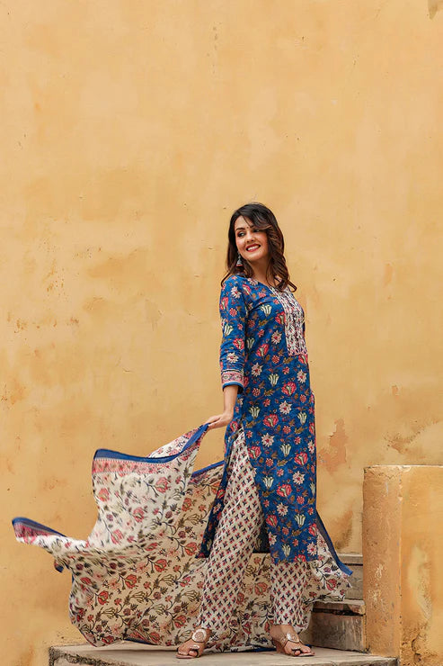 Blue Rayon Blend Floral Printed Straight Suit Set